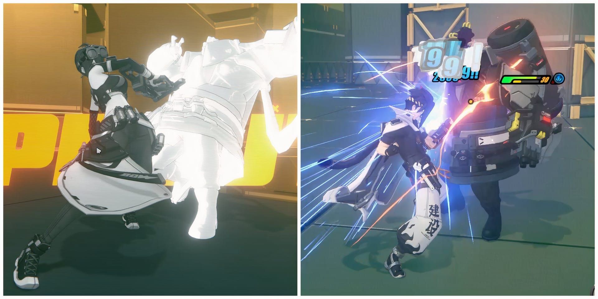 Скриншот игрового процесса Zenless Zone Zero с идеальным уклонением с оранжевой вспышкой с использованием контроллера
