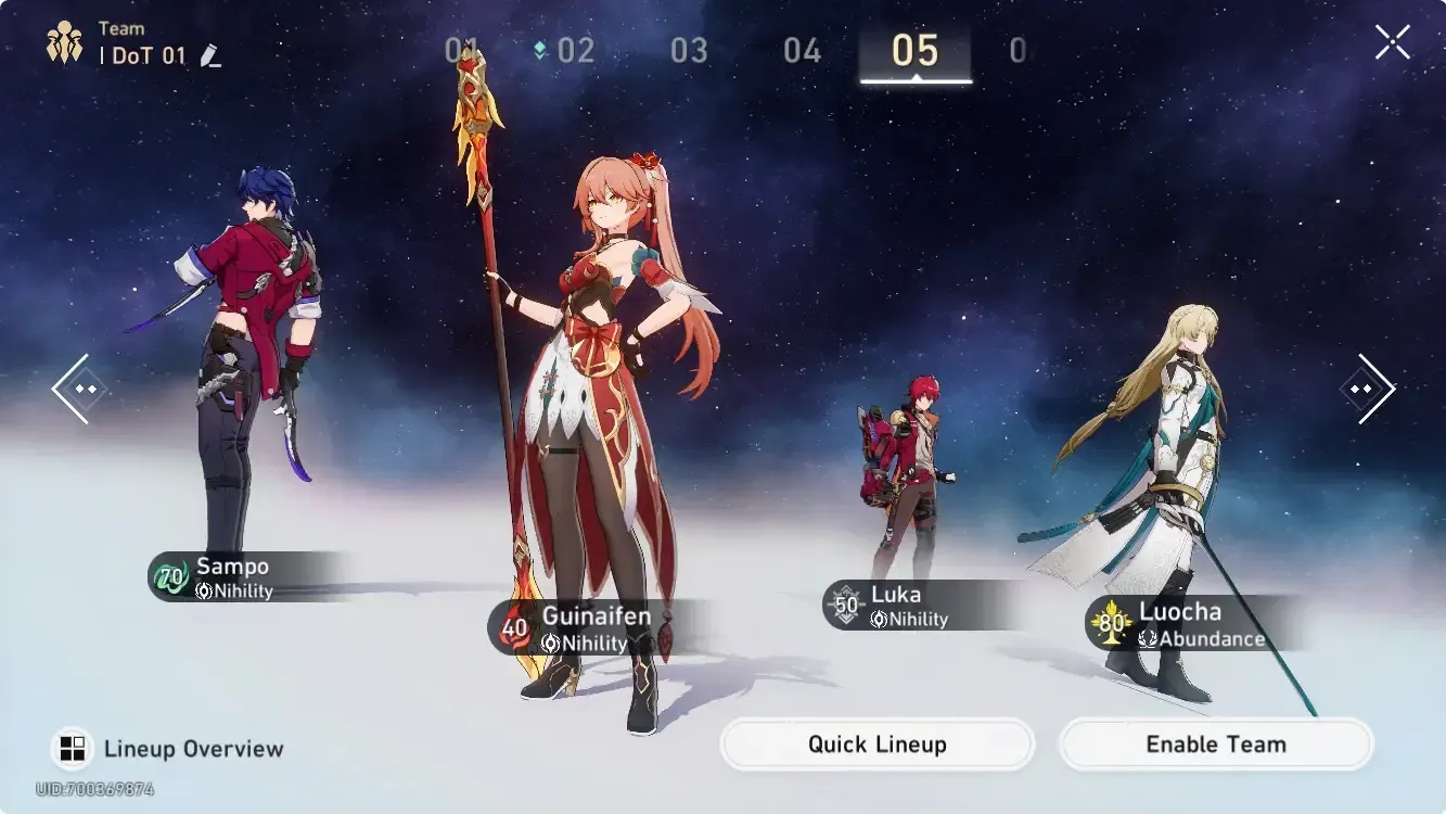 Honkai Star Rail DoT team composition guide featuring Kafka, Black Swan, and Guinaifen