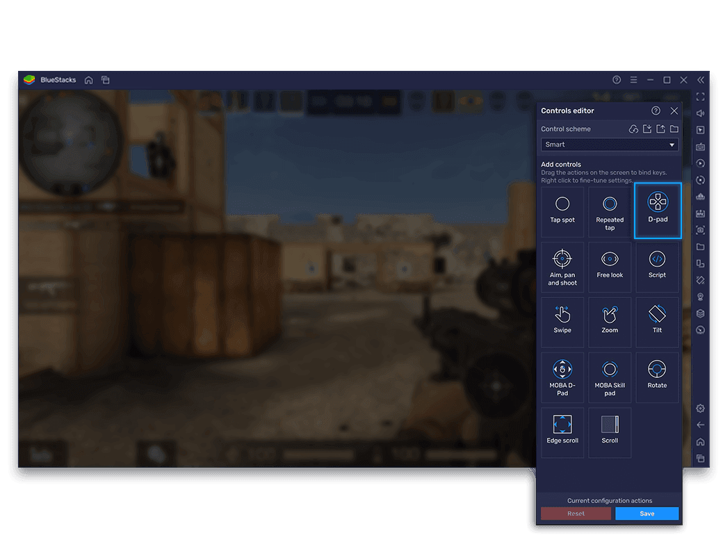 BlueStacks Keymapping Advanced Editor interface configuring keybinds on screen