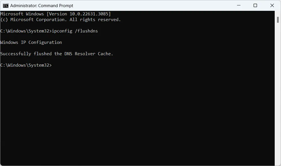 Командная строка Windows с правами администратора, показывающая успешное выполнение команды ipconfig flushdns