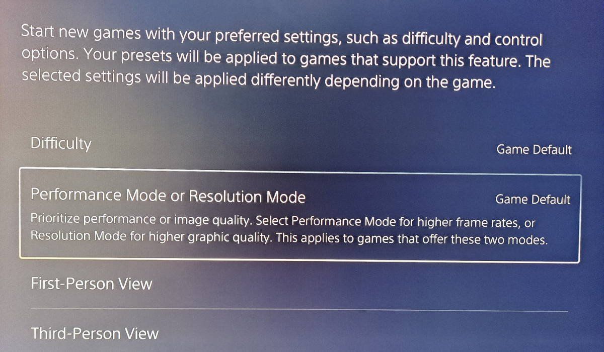 PlayStation 5 game presets menu selecting Performance Mode for high frame rates