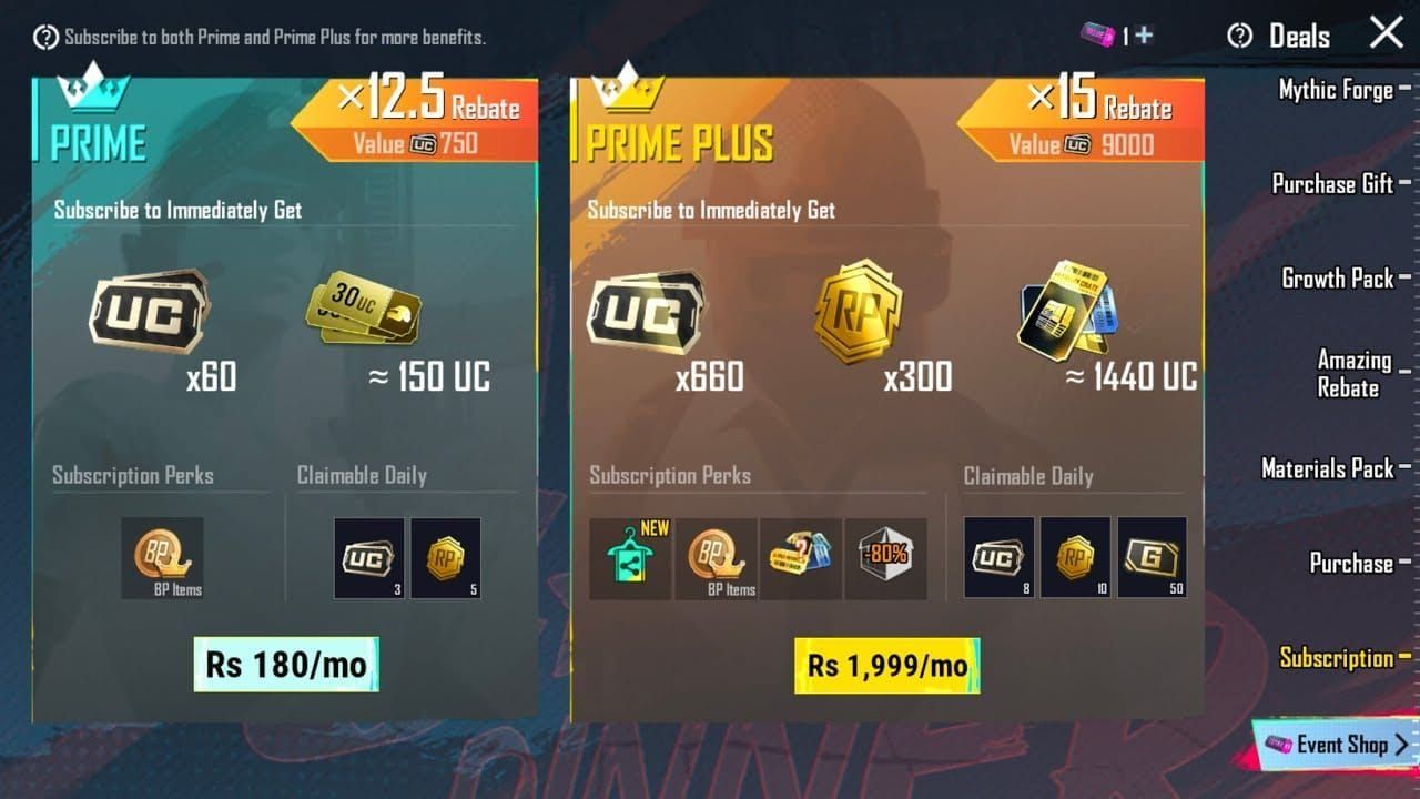 PUBG Mobile Prime Plus store interface screenshot