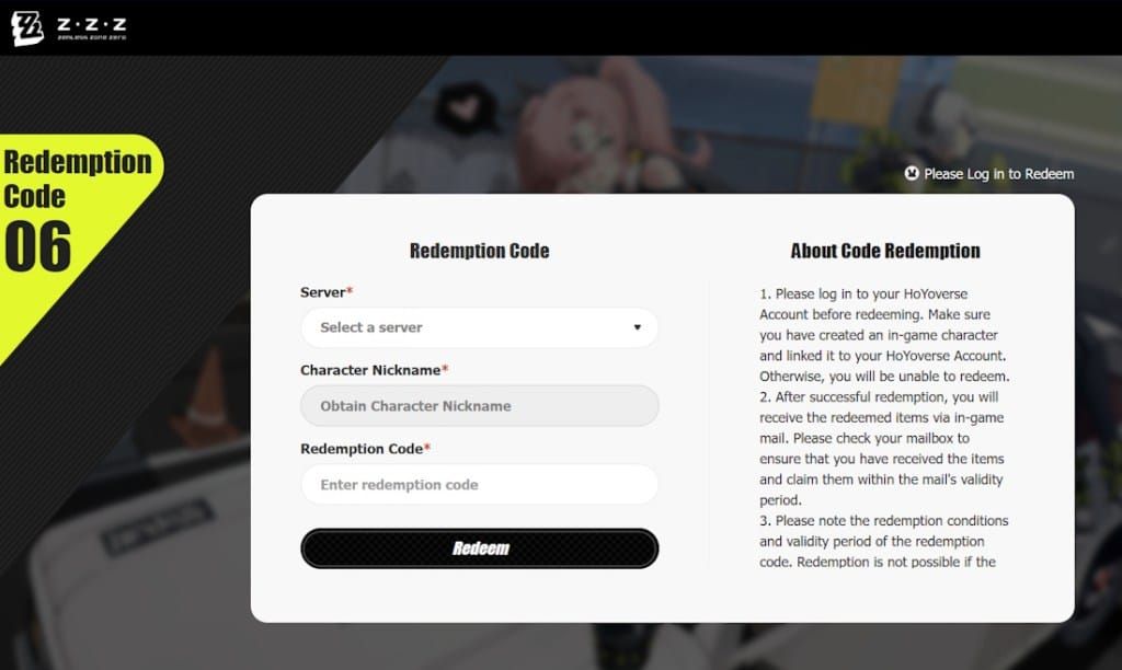 Official Zenless Zone Zero redemption website interface with code input field and server selection