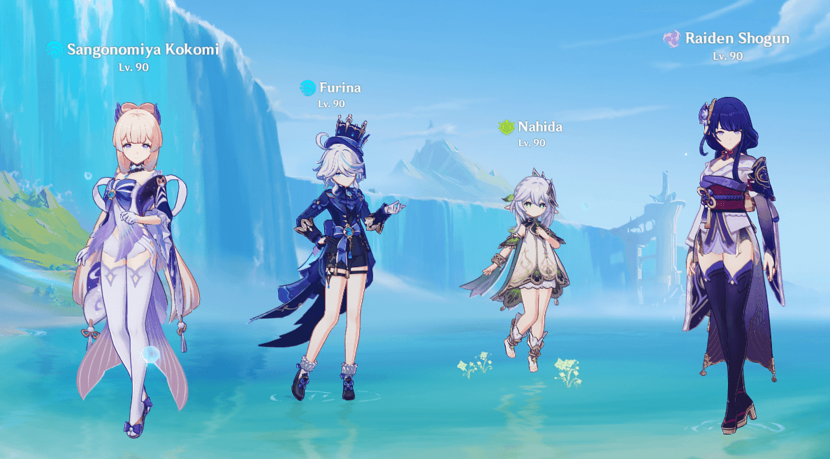 Genshin Impact optimal Hyperbloom team composition showing Сёгун Райдэн, Нахида, Kokomi and Kazuha