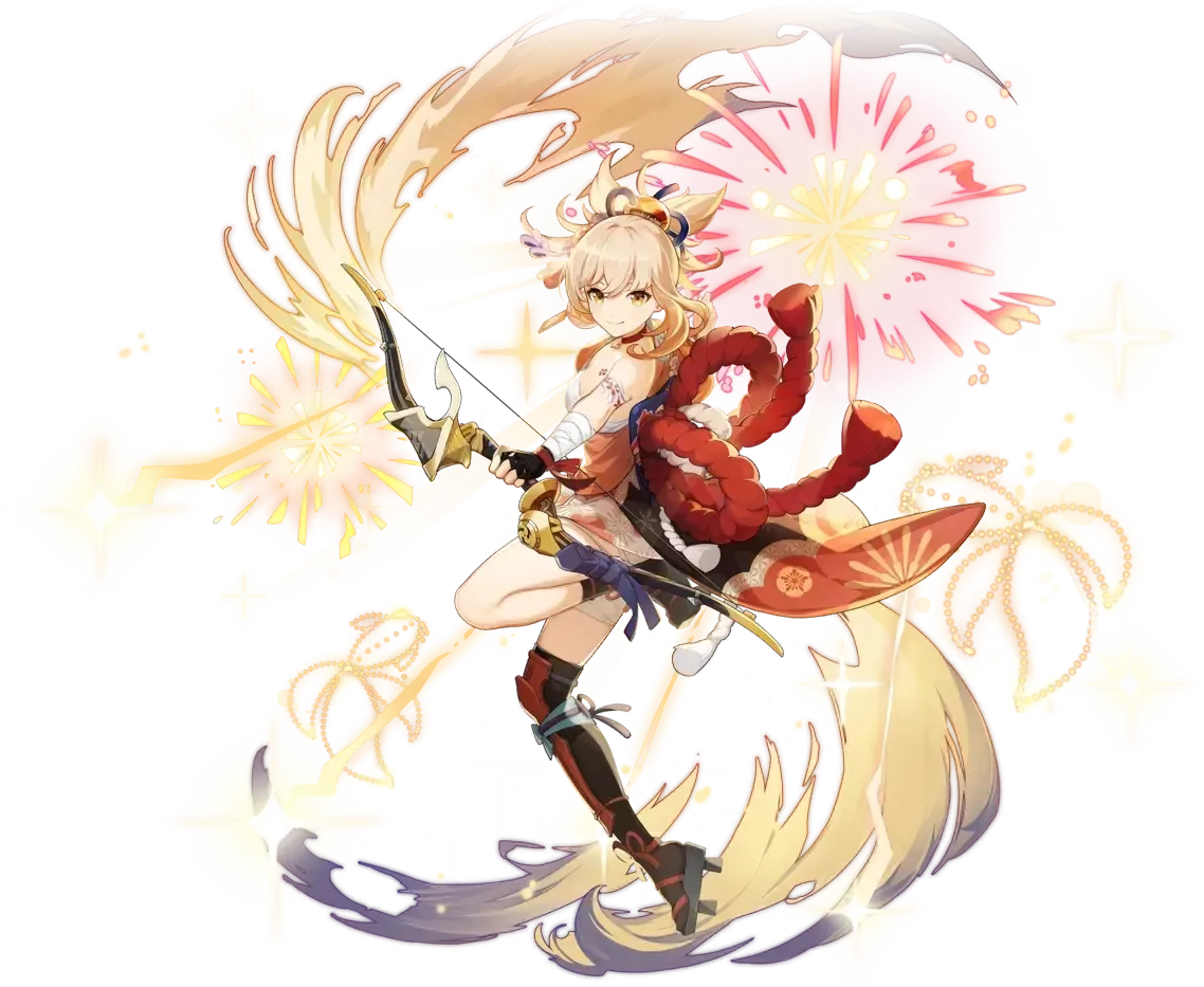 Yoimiya shooting Pyro-infused arrows in her signature Normal Attack sequence