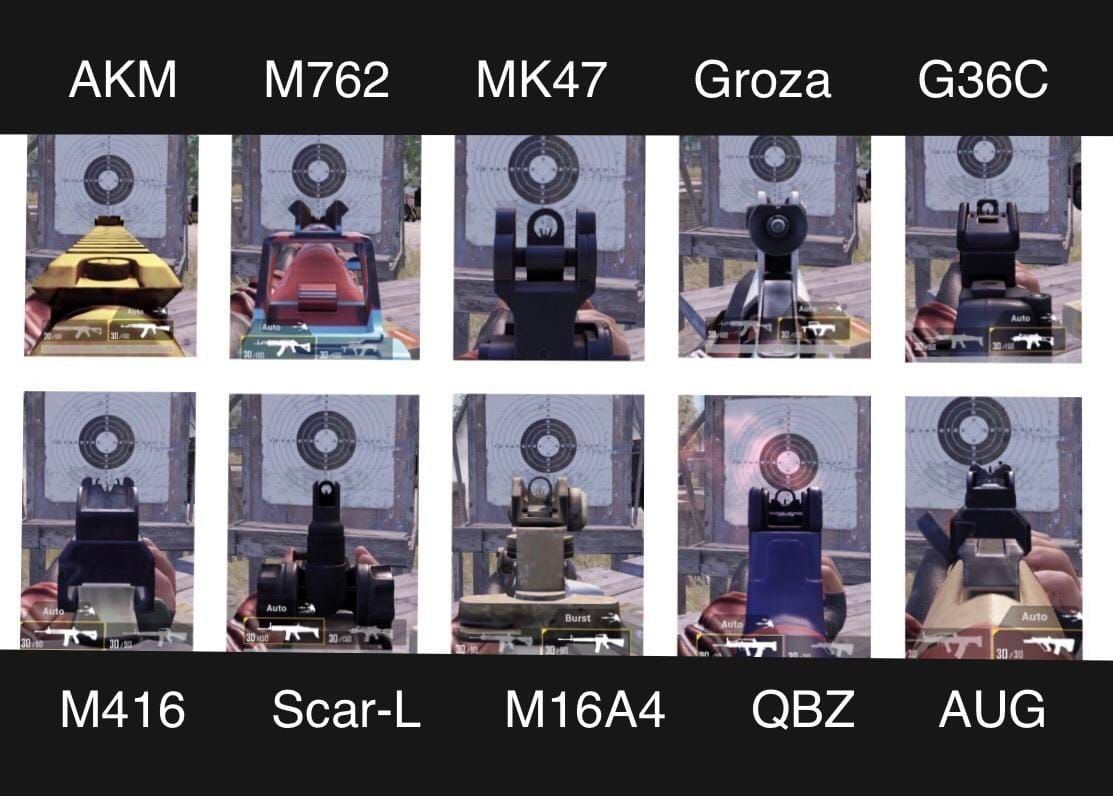 PUBG Mobile weapon comparison showing M416 and AKM iron sight differences