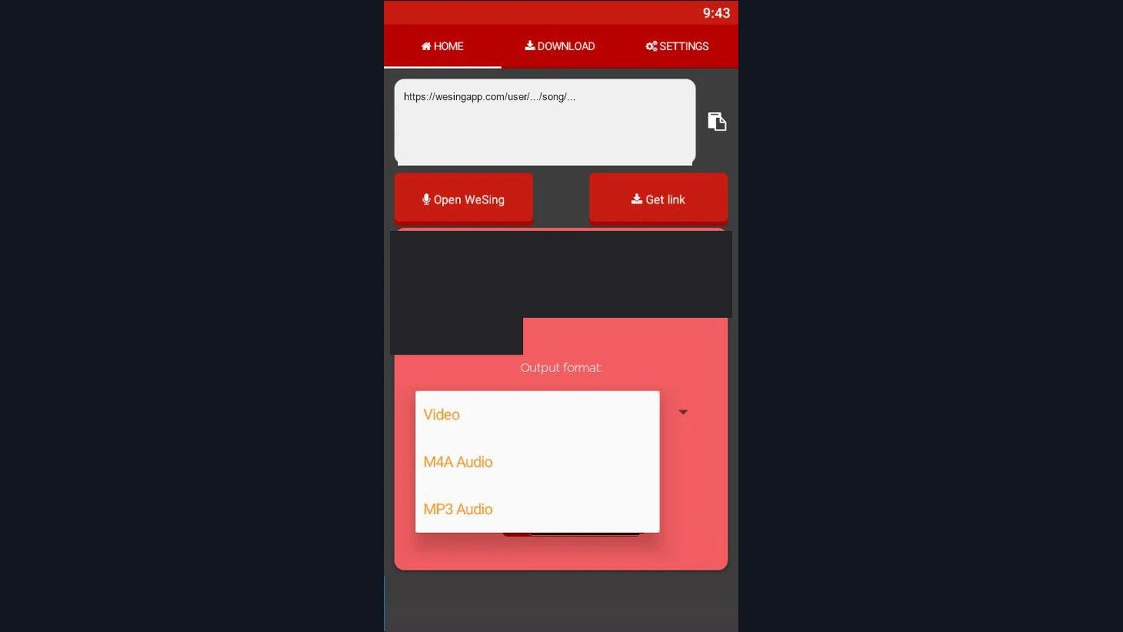 WeSing downloader paste share link and choose Video M4A or MP3