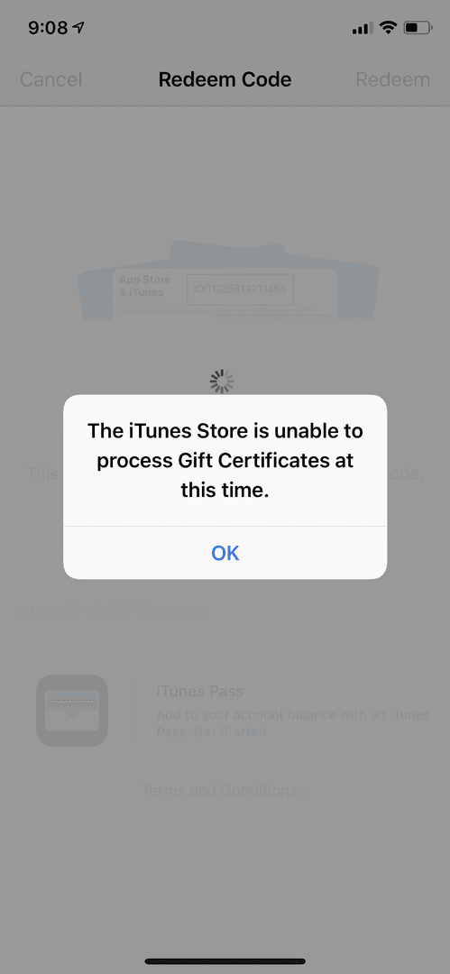 Screenshot of region mismatch error when redeeming US Apple Gift Card abroad