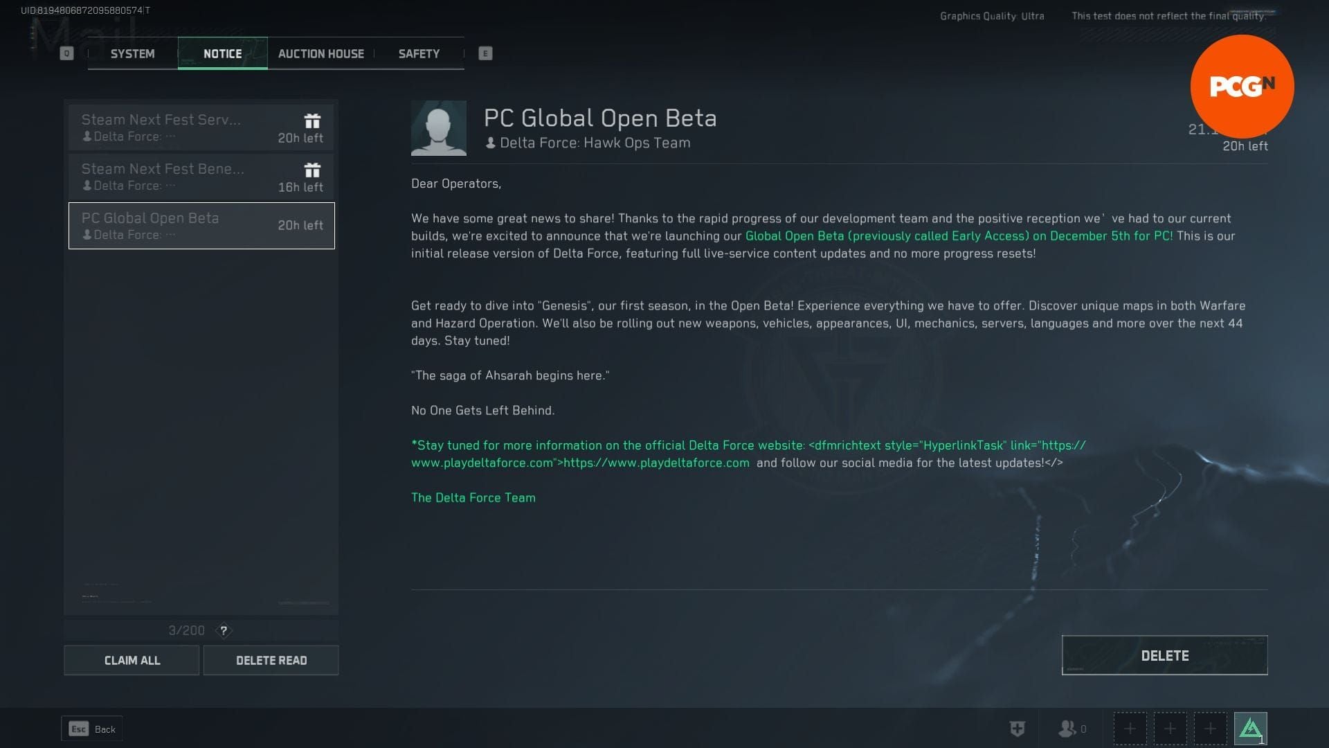 Delta Force Steam properties launch options screen with -dx11 parameter for AMD glitch fix