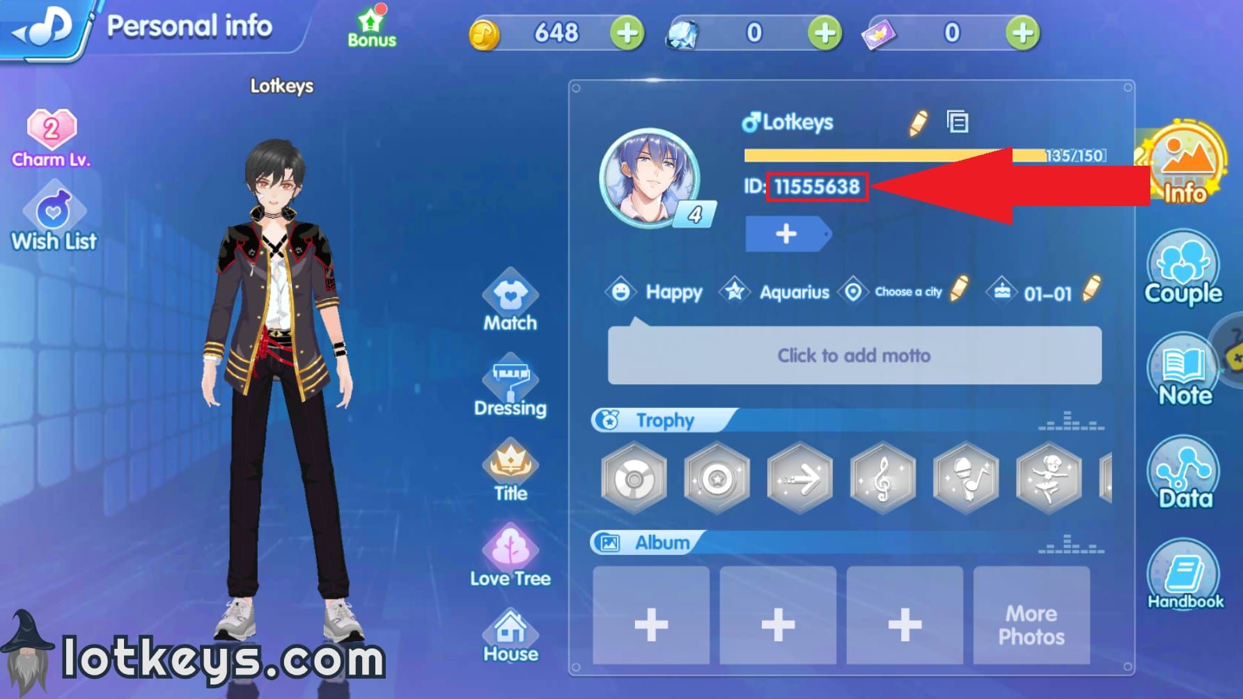 Экран профиля Idol Party Diamonds с отображением ID пользователя для пополнения