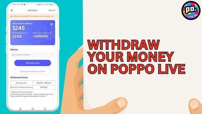 Экран ошибки вывода средств Poppo Live, показывающий распространенные причины сбоев и их решения