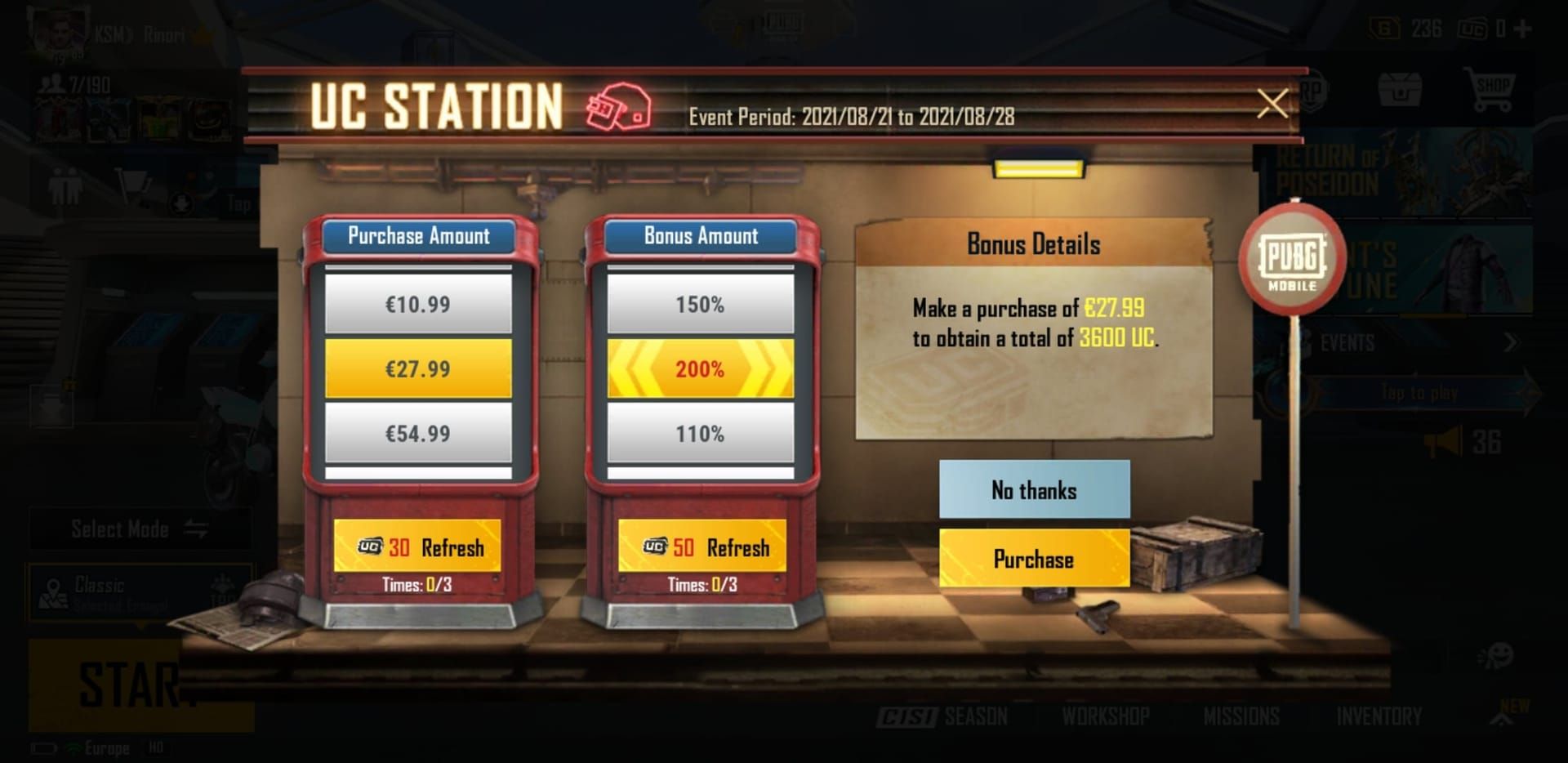 PUBG Mobile UC Station interface displaying progress meter and next reward threshold
