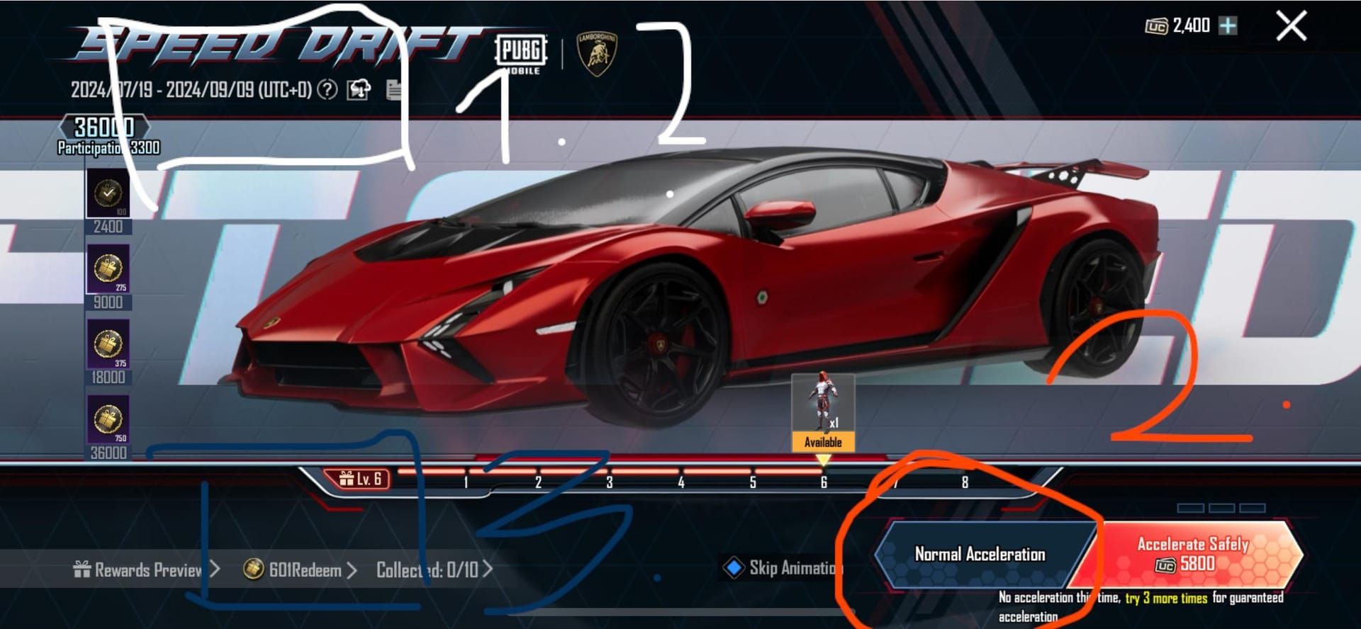 Интерфейс события PUBG Mobile Speed Drift, показывающий стоимость прокрута в UC и шкалу наград