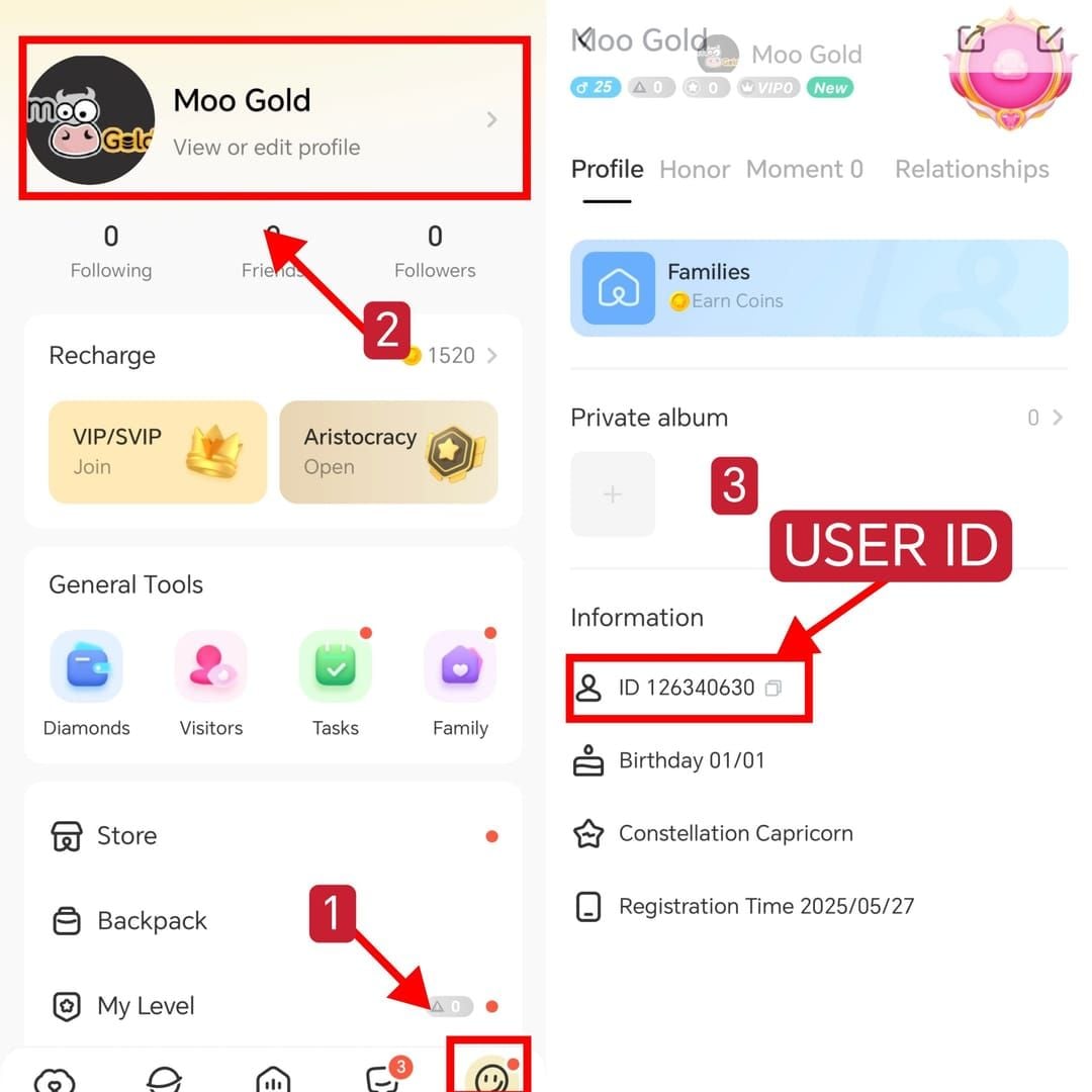 SUGO profile interface screenshot displaying User ID numeric string for account confirmation