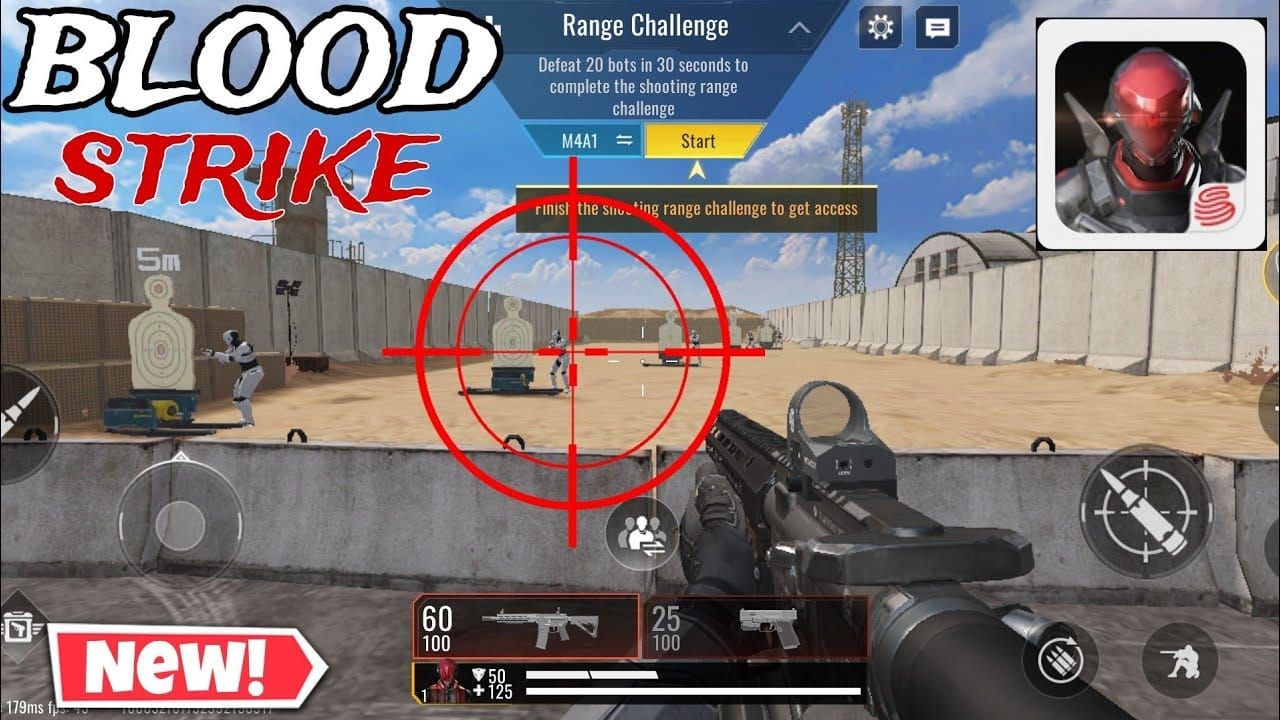 Тренировочный полигон Blood Strike, показывающий настройку для тренировки стрельбы для тестирования конфигураций прицела и FOV