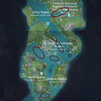 Fontaine material farming locations map in Genshin Impact