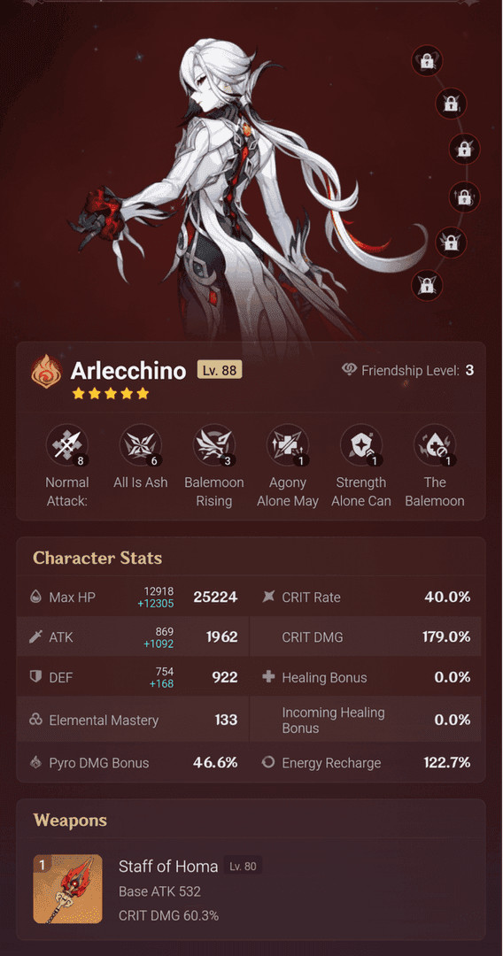Genshin Impact Arlecchino character with base stats display
