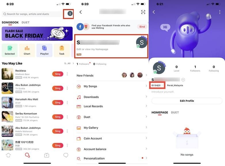 Скриншот профиля приложения WeSing с выделенным числовым User ID для пополнения Kcoin