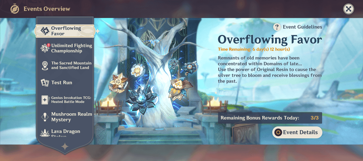 Genshin Impact Overflowing Favor event interface displaying double artifact domain rewards