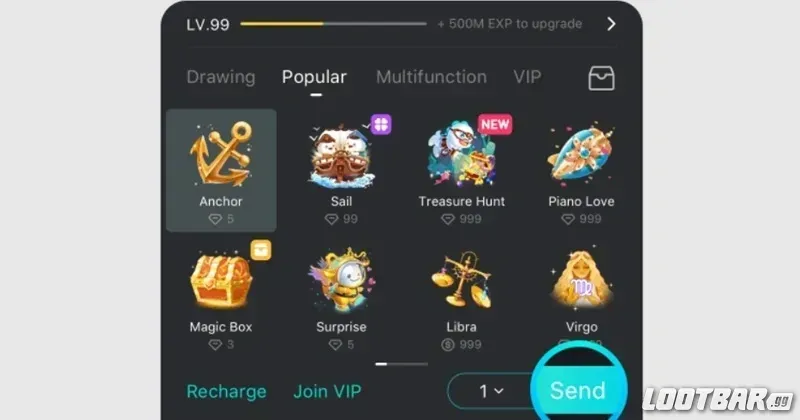 Интерфейс подарков BIGO Live, отображающий различные варианты подарков и их стоимость в Алмазах
