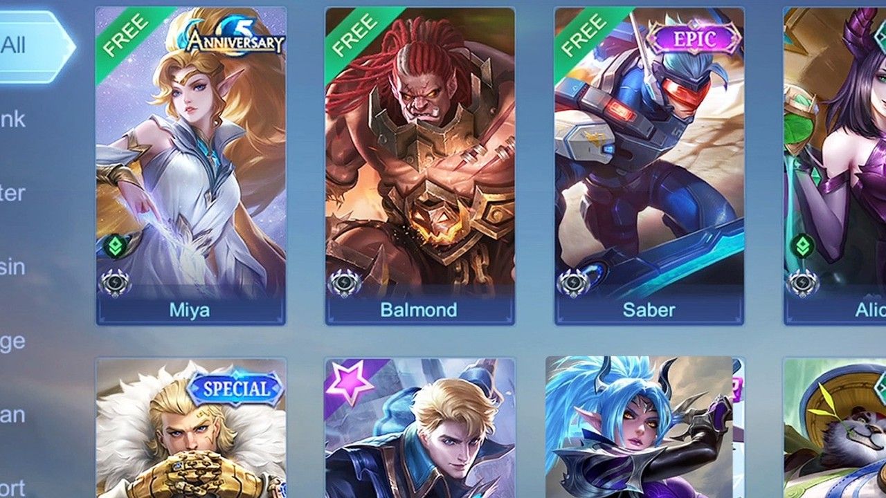 Список героев Mobile Legends с фильтрами по ролям: Танк, Боец, Убийца, Маг, Стрелок, Поддержка