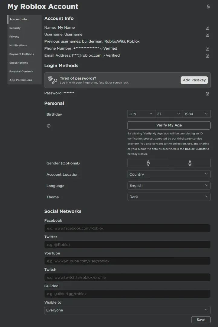 Настройки местоположения в информации об учетной записи Roblox