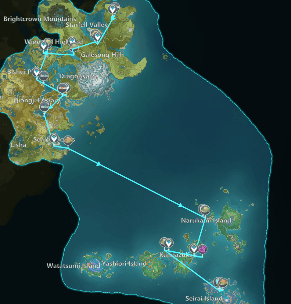 Fishing route diagram showing optimal 20-minute circuit path with numbered waypoints