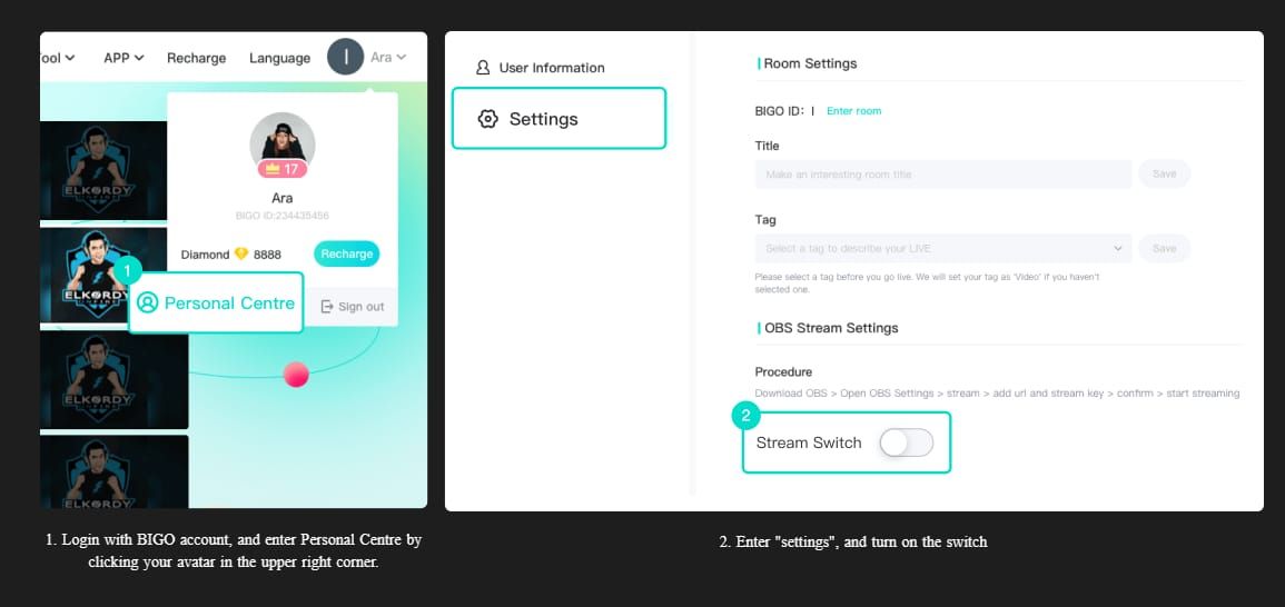 Bigo Live app profile icon and settings gear for accessing account dashboard
