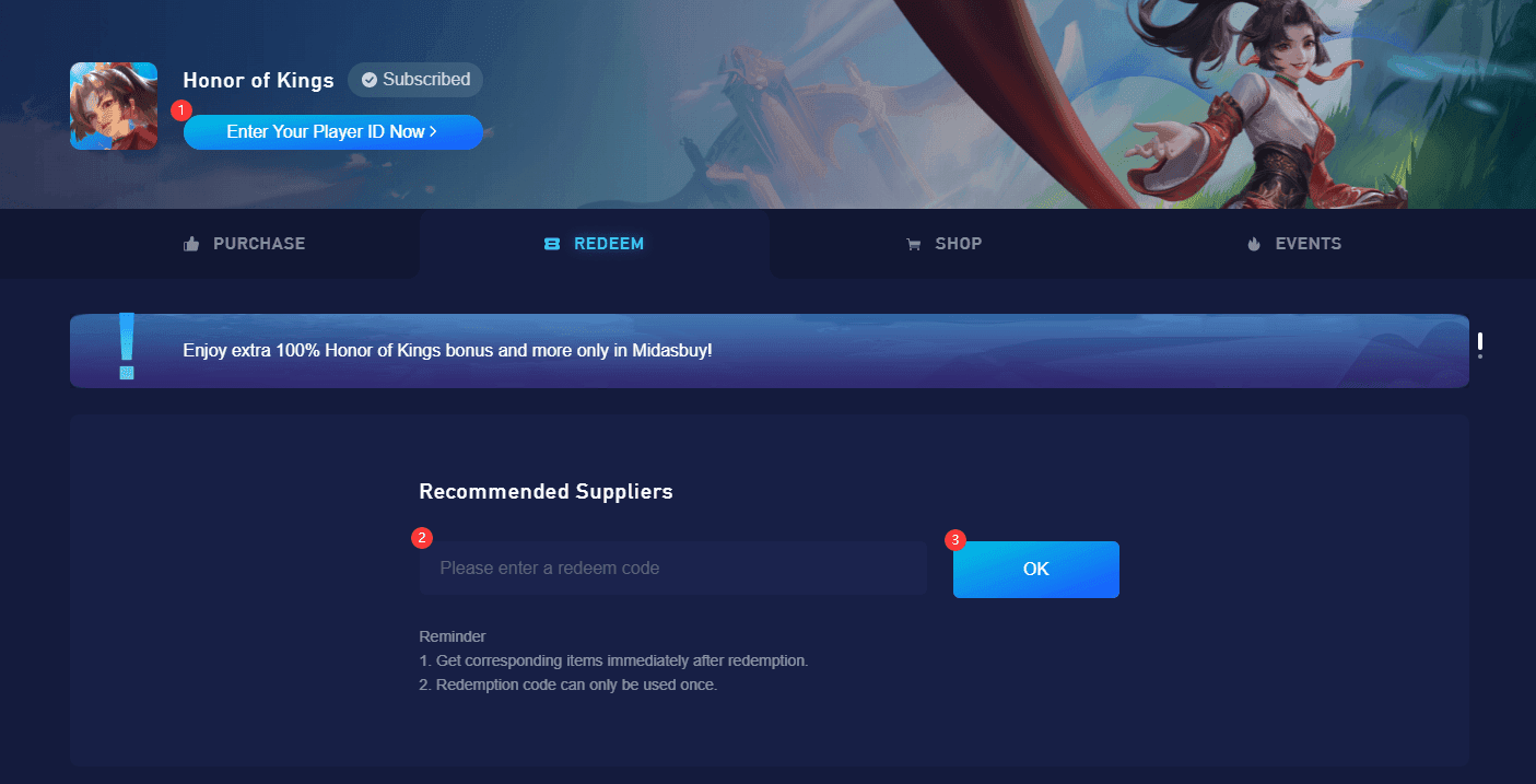 Honor of Kings gift code redemption interface with input fields