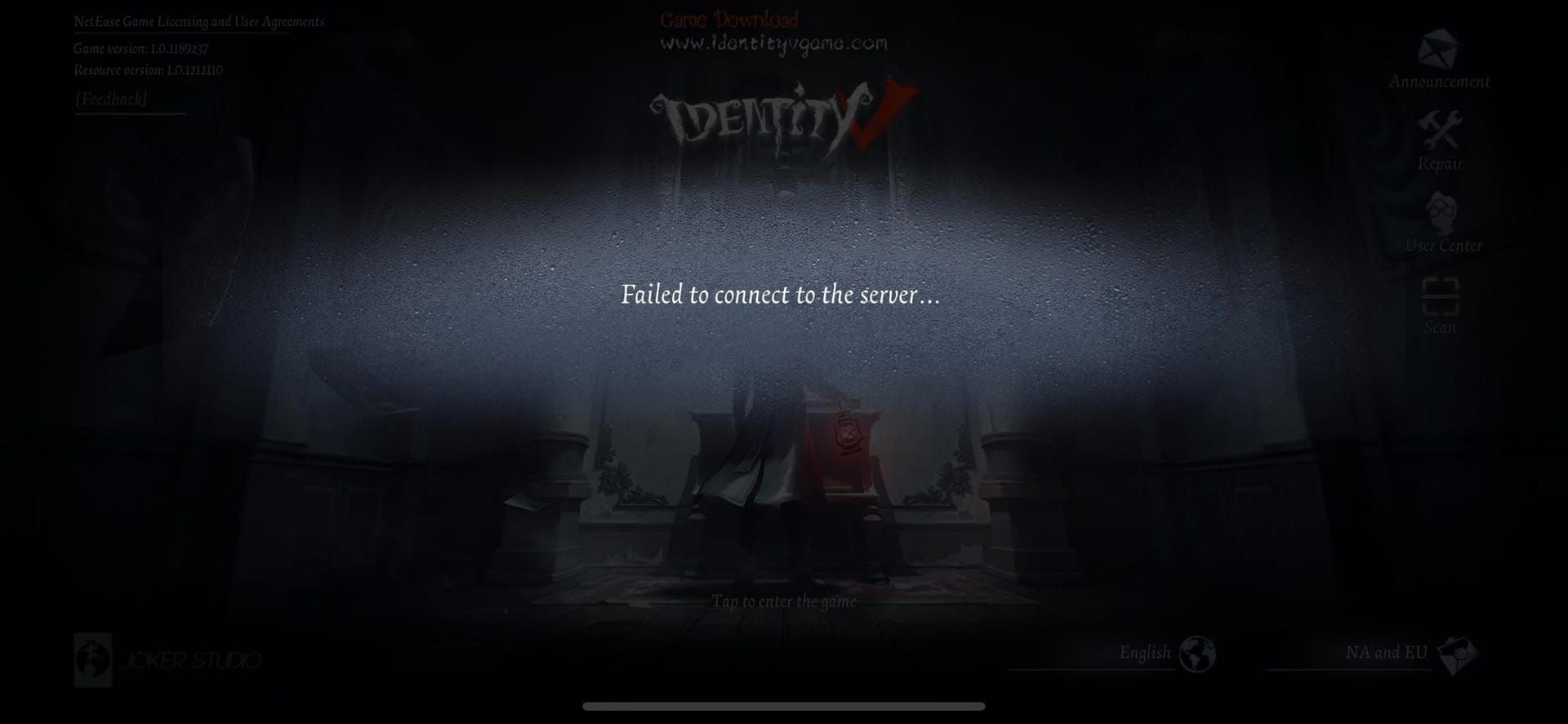 Identity V in-game error messages for network timeout, connection lost, and server failure during disconnections