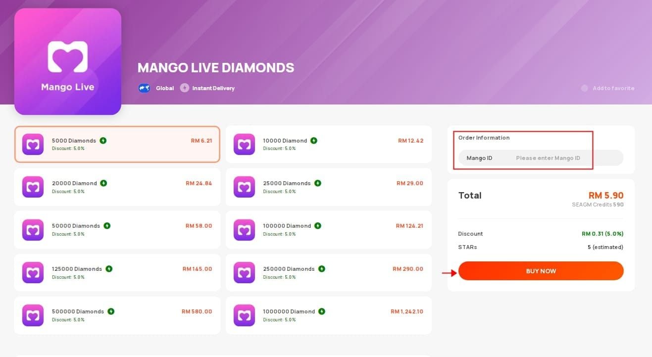 История транзакций кошелька Mango Live, показывающая покупки алмазов и статус ожидания