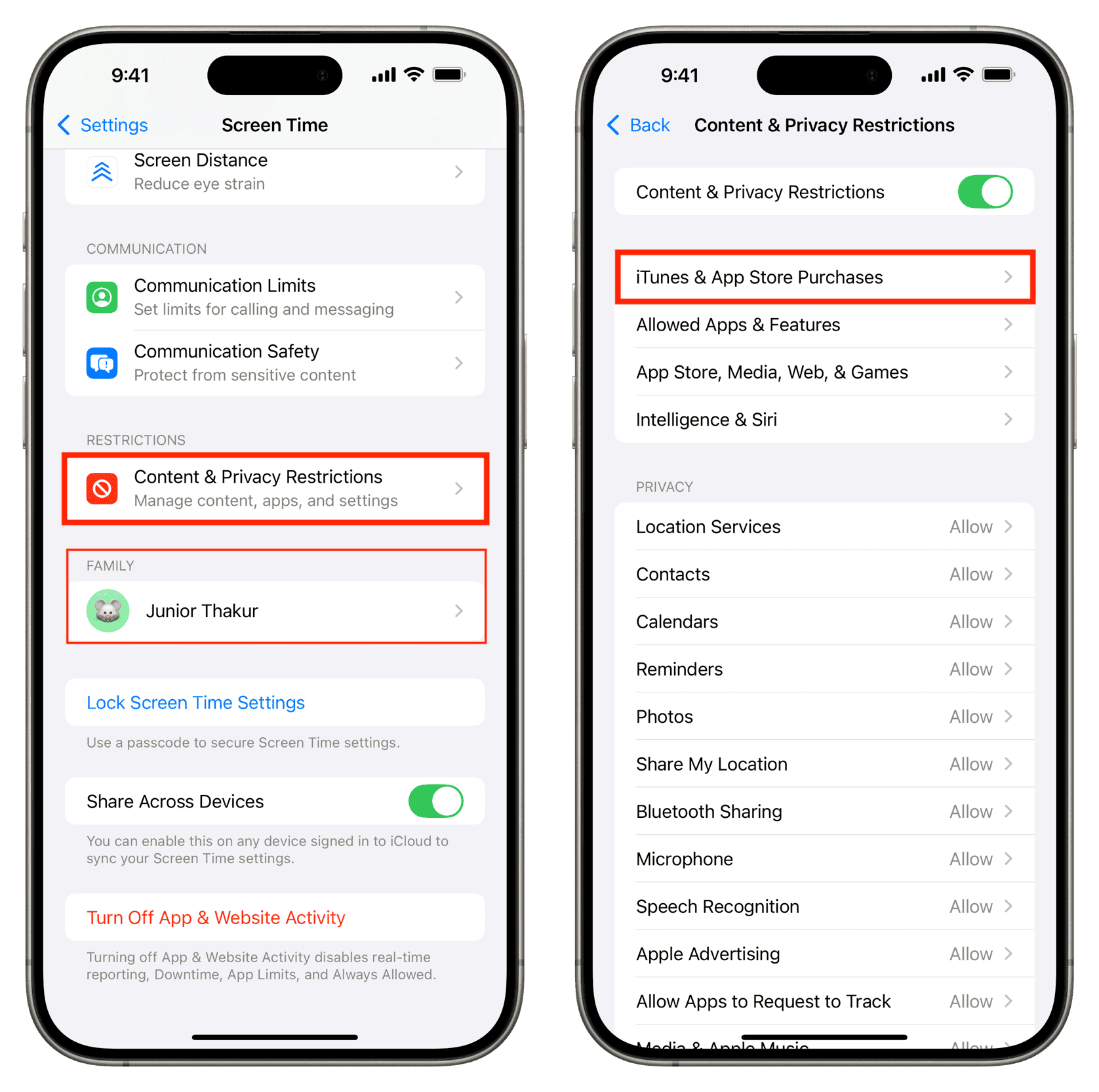 iOS Screen Time setting showing In-app Purchases set to Dont Allow