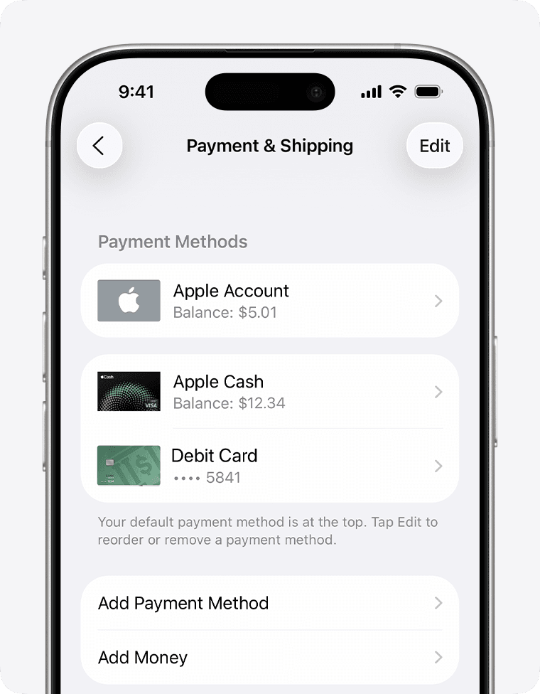 Экран настроек iPhone с меню настройки раздела «Оплата и доставка» в Apple ID