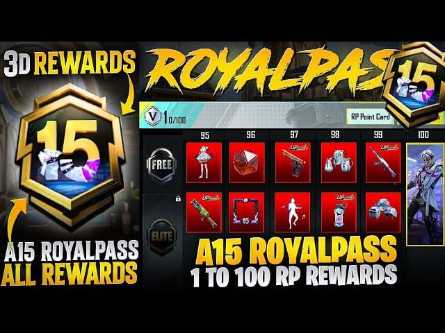 PUBG Mobile A15 Royale Pass interface showing reward tiers and progression