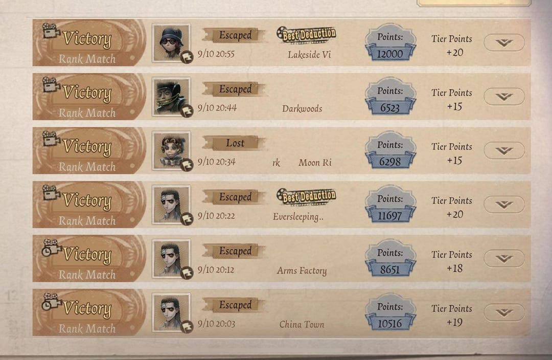 Сравнение количества очков в обычных и ранговых матчах Identity V для Охотников и Выживших