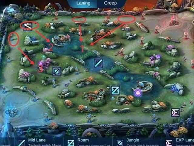 Карта Mobile Legends Bang Bang, показывающая линии золота и опыта с отметками чрезмерного выдвижения