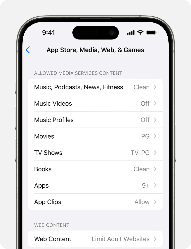 Настройки родительского контроля iOS Screen Time для ограничения доступа к приложениям с рейтингом 17+