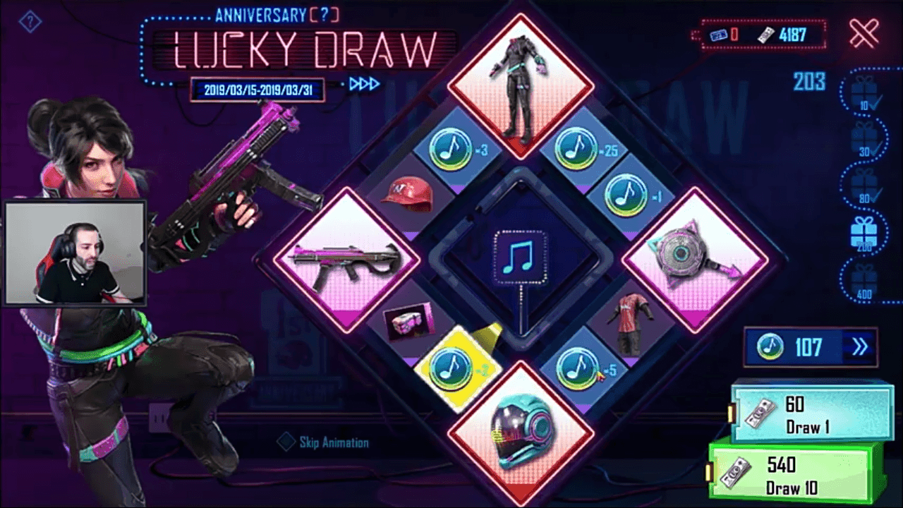 PUBG Mobile lucky draw interface showing UC costs and reward structure for collaboration events