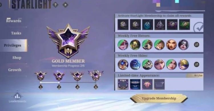 Mobile Legends Bang Bang Starlight Pass interface showing premium rewards and skin previews