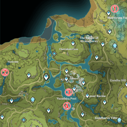 Genshin Impact Сумеру region fishing spots map