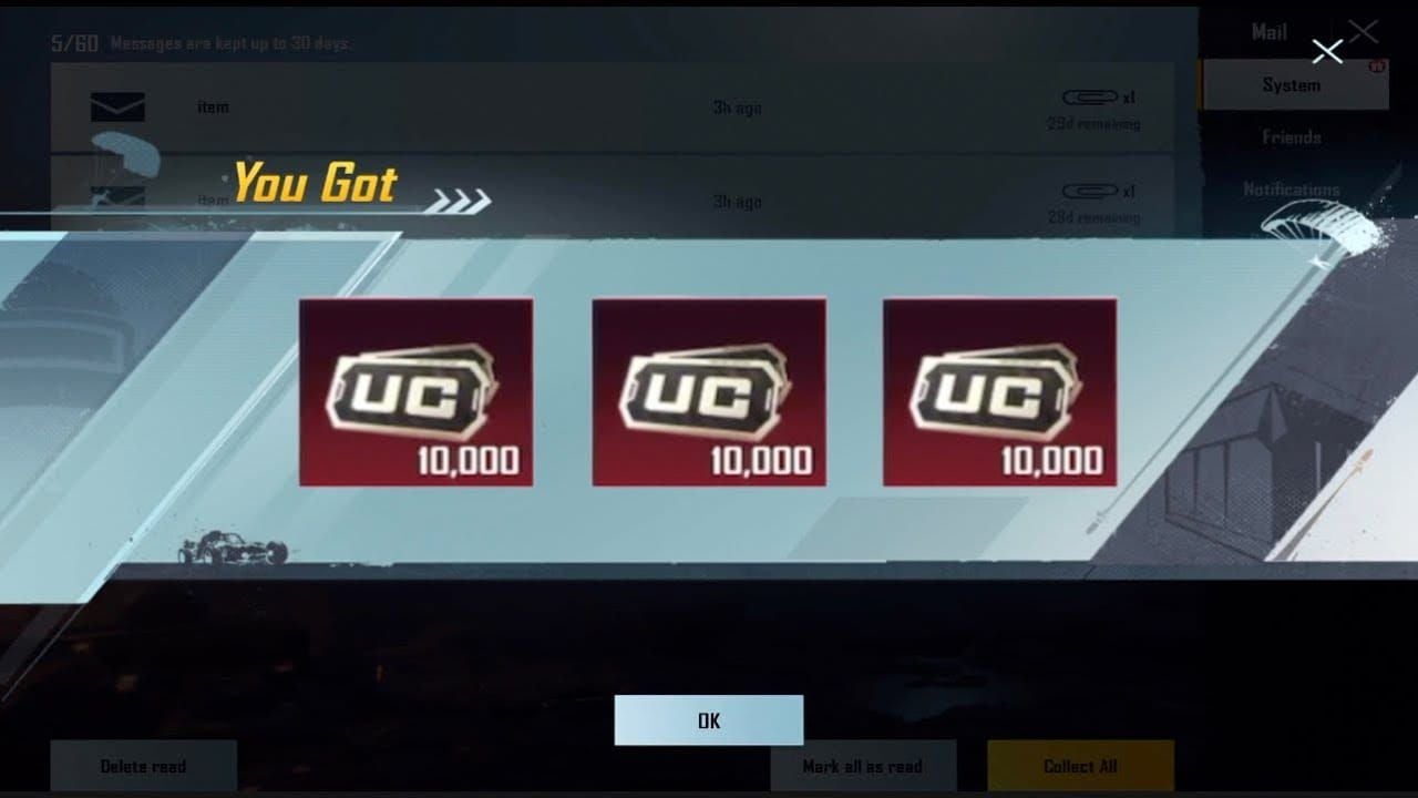 Интерфейс внутриигровой почты PUBG Mobile с подтверждением получения набора UC
