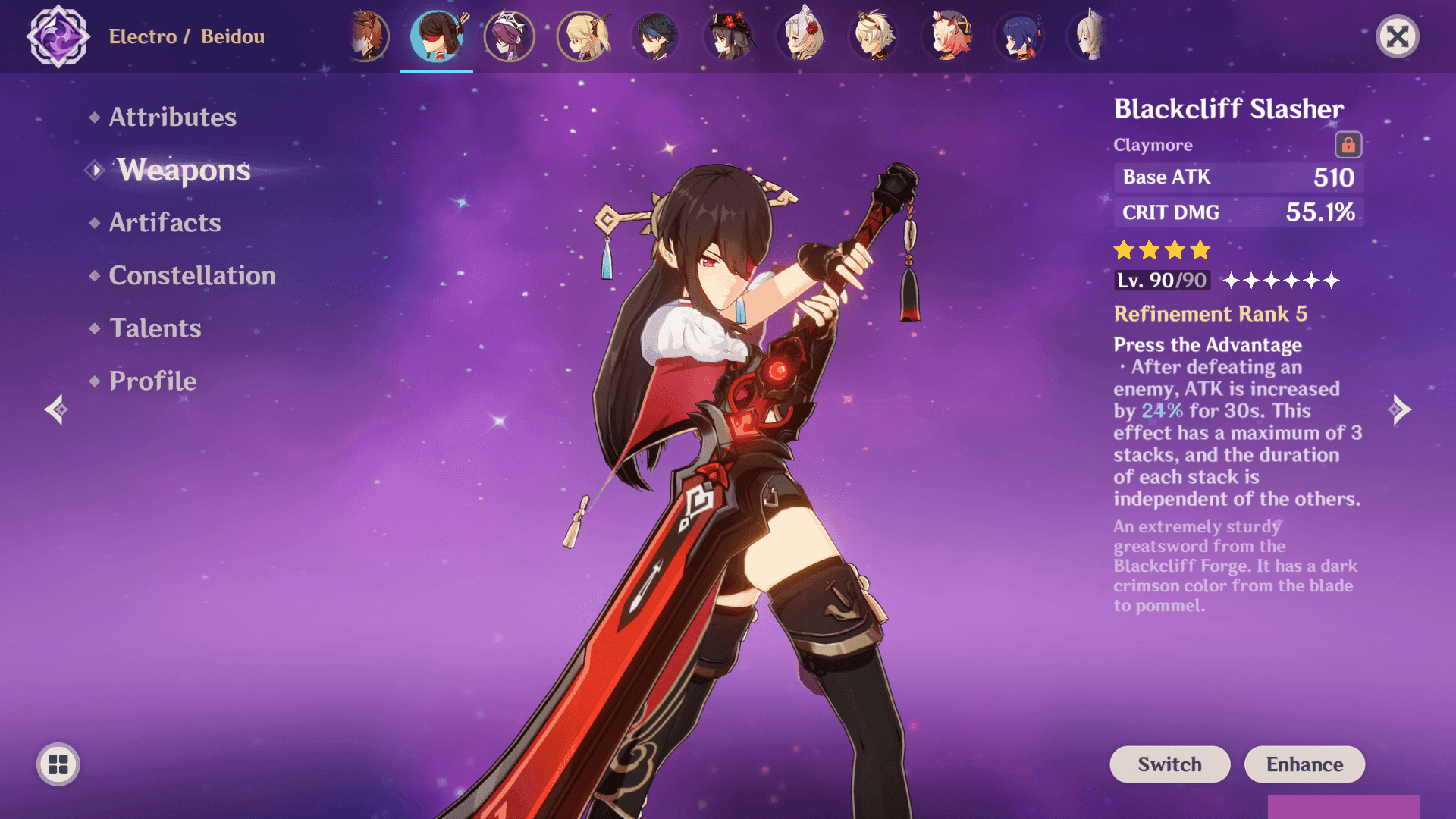 Genshin Impact Blackcliff Slasher weapon stats and appearance showing CRIT DMG scaling