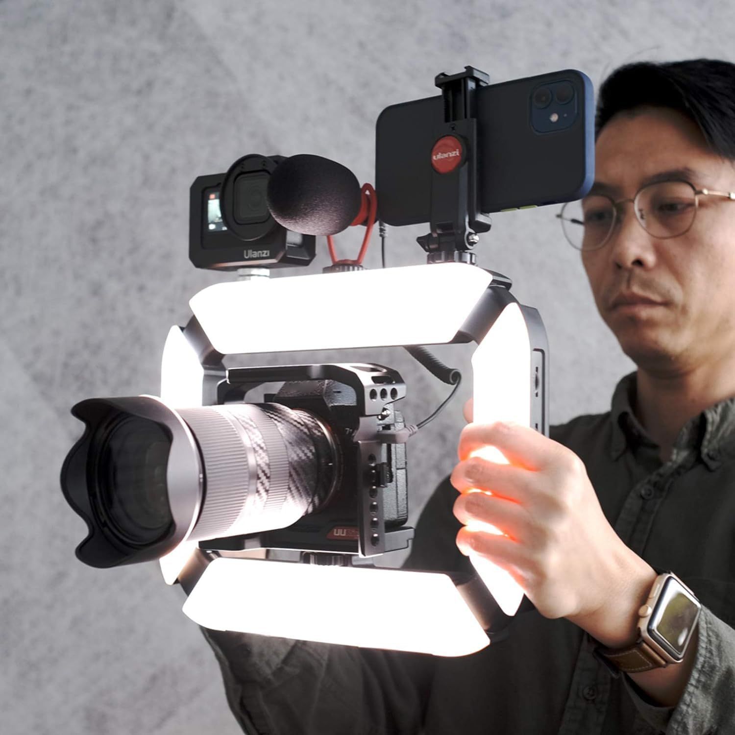 Smartphone mounted on tripod with ring light ready for stable live broadcast