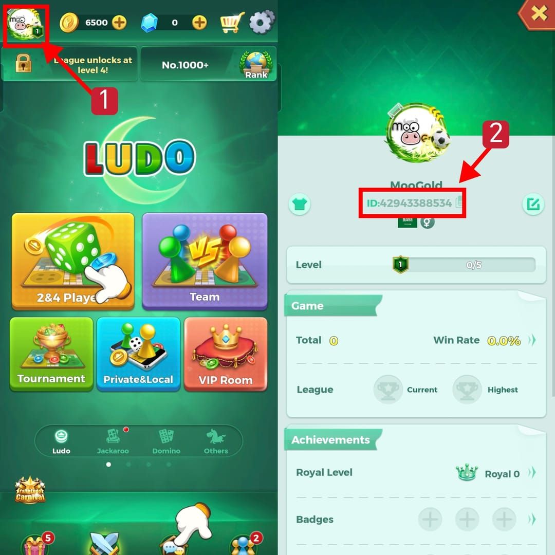 Интерфейс профиля Yalla Ludo Global с выделенным 11-значным Player ID (UID) для безопасного пополнения