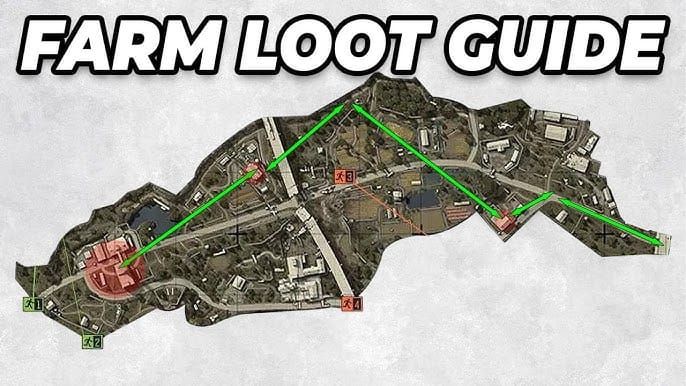Arena Breakout Airport map farming routes showing optimal paths through Tool Shed, Admin Building, Power Substation and other key locations
