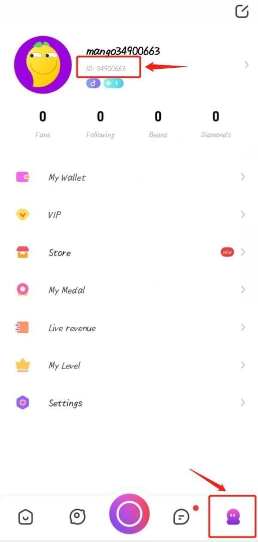 Экран профиля Mango Live Diamonds с указанием User ID