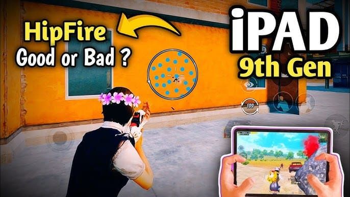 PUBG Mobile first-person view hip-fire targeting on iPad showing improved accuracy at medium range