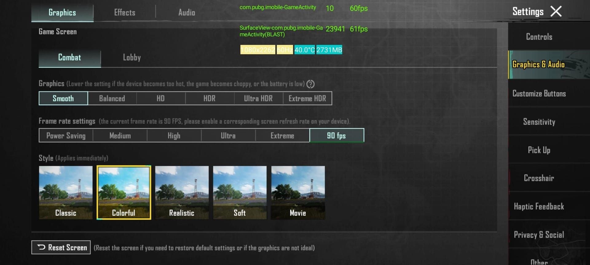 PUBG Mobile settings showing grayed out 90 FPS option with troubleshooting indicators