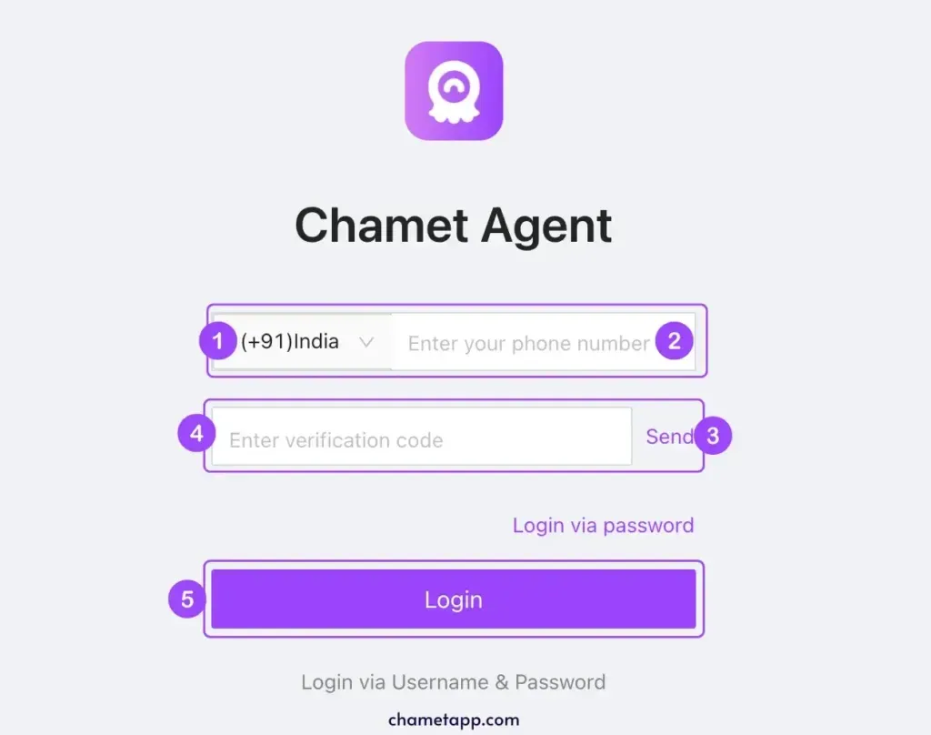 Chamet agent registration page screenshot showing phone verification and signup form