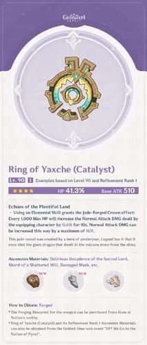 Genshin Impact Ring of Yaxche catalyst weapon stats and appearance for Mualani F2P build